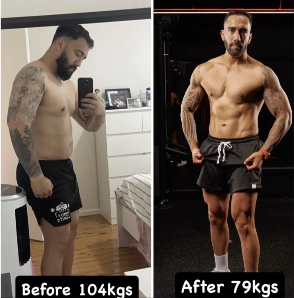 Client 07, before at 104kg and after at 79kg